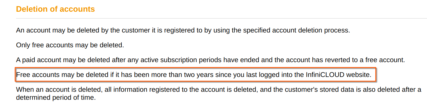 InfiniCloud Deleting Inactive Accounts