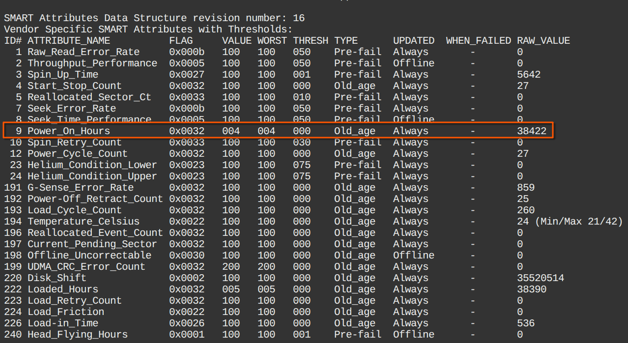 smartctl でハードディスクの通電時間を確認