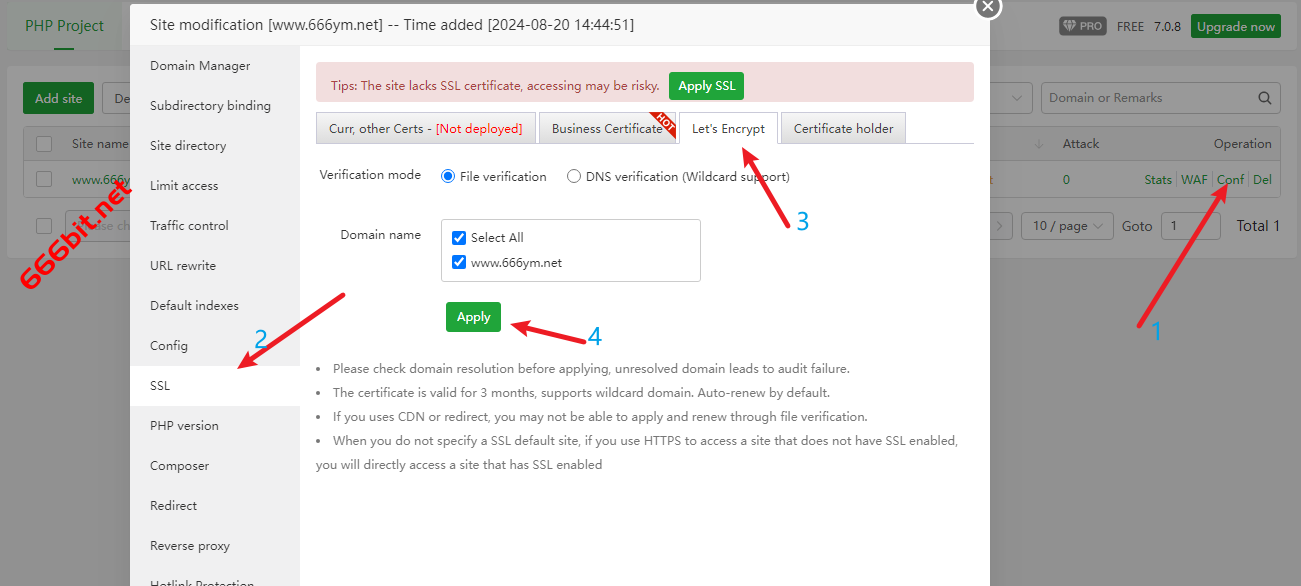 aapanel 申请证书