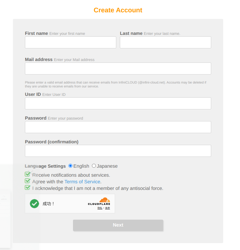 InfiniCloud Registration