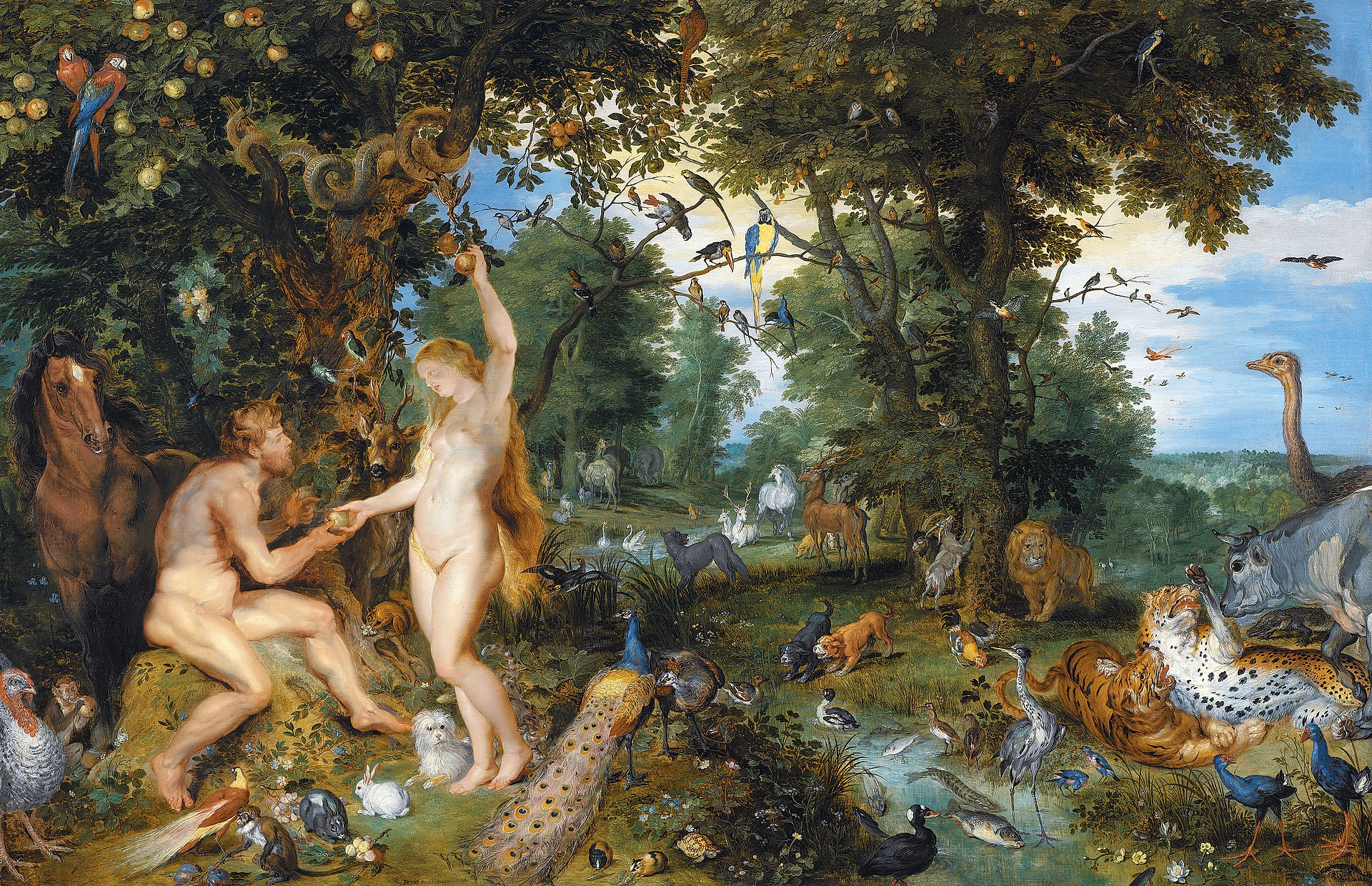 The Garden of Eden with the Fall of Man by Jan Brueghel the Elder and Pieter Paul Rubens, c. 1615, depicting both domestic and exotic wild animals such as tigers, parrots, and ostriches co-existing in the garden