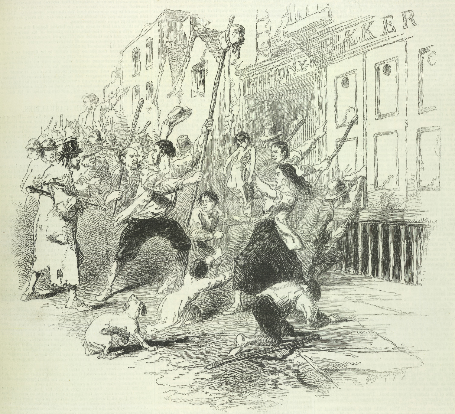 Rioters in Dungarvan attempt to break into a bakery; the poor could not afford to buy what food was available. (The Pictorial Times, 1846).