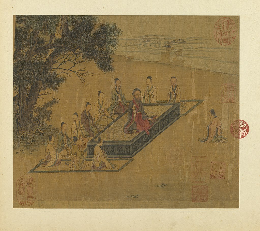 (right) kneeling before Confucius (center), as depicted in a painting from the _Illustrations of the Classic of Filial Piety