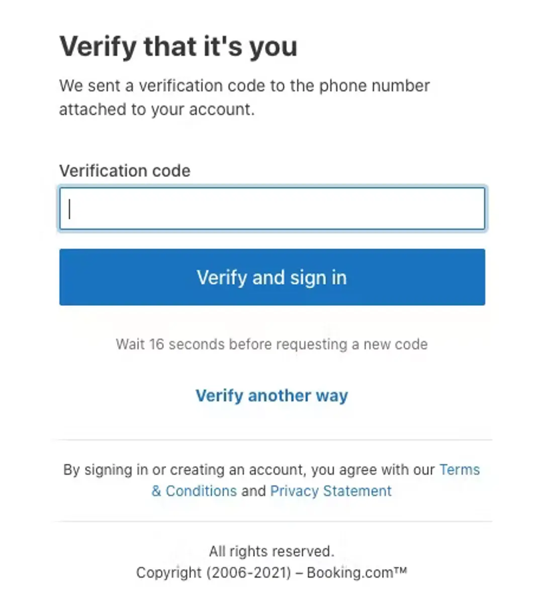 The verification code view on Booking.com